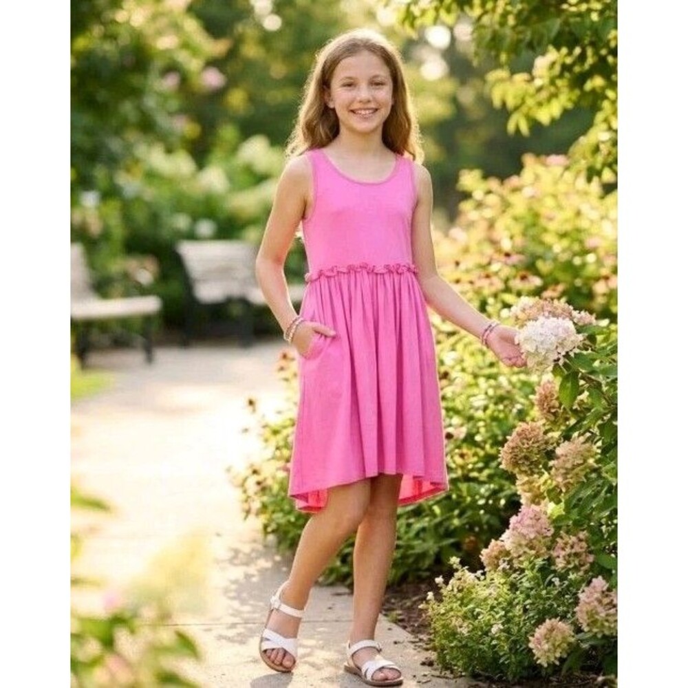 Btween Girls Neon Pink Sleeveless Sun Dress Ruffle Pocket Tie Shoulder Summer 10